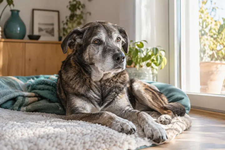Cane anziano sereno accanto a una finestra di casa