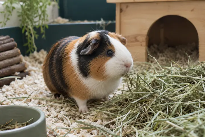 Cavia domestica tricolore accanto al fieno nel suo recinto.