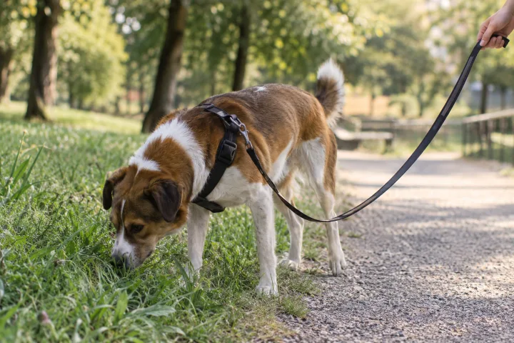 Cane meticcio con pettorina che annusa l’erba durante una passeggiata al parco.