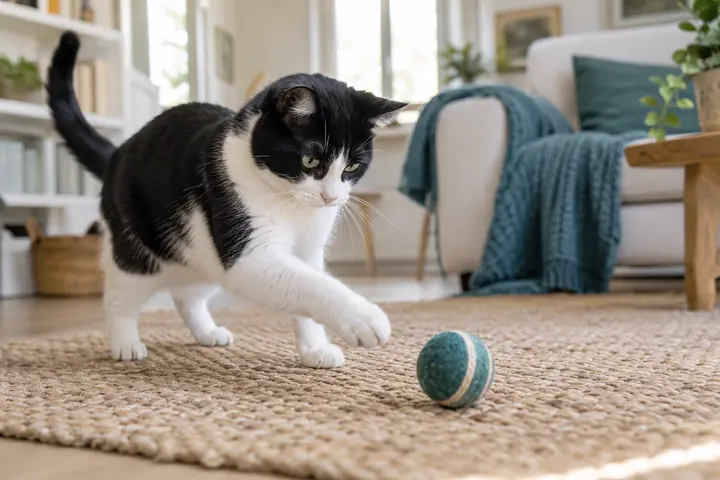Gatto che esplora un gioco in casa